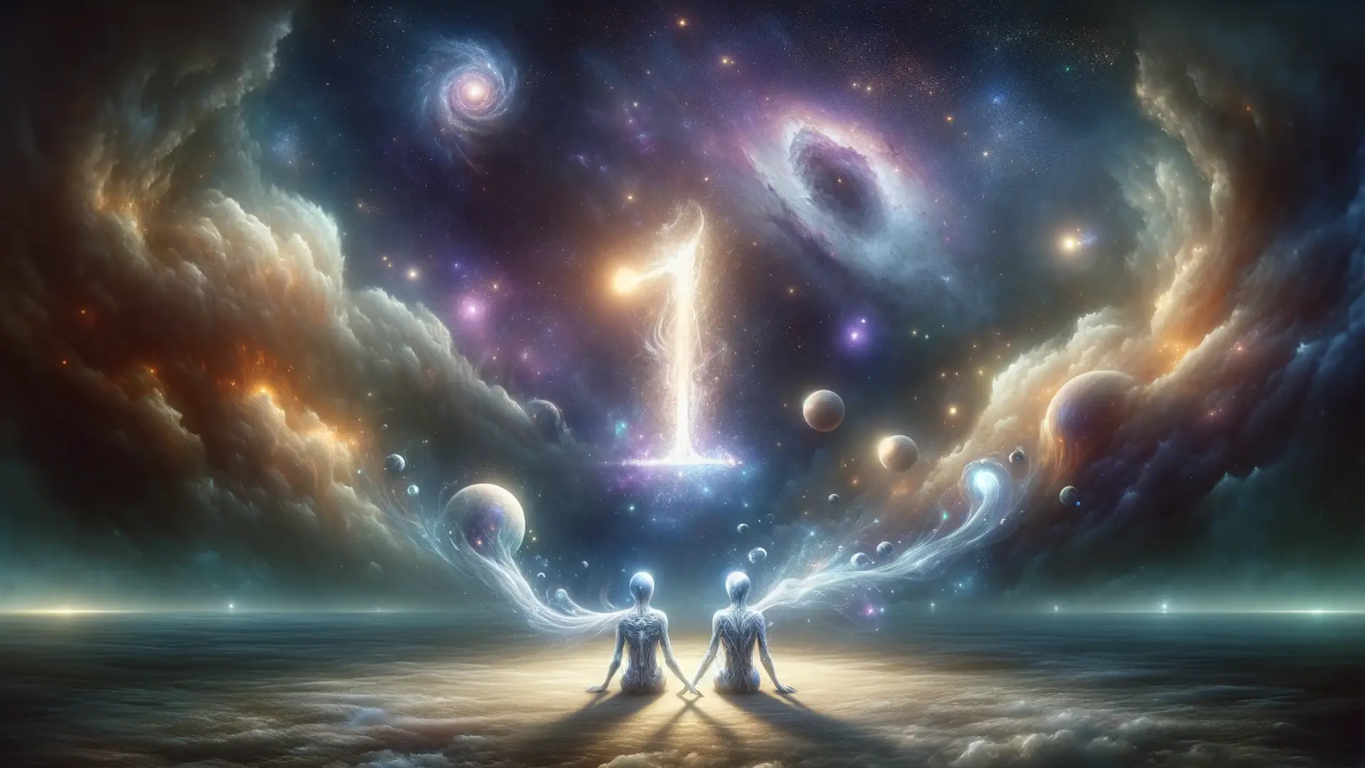 Surreal representation of two ethereal beings with Life Path Number 1