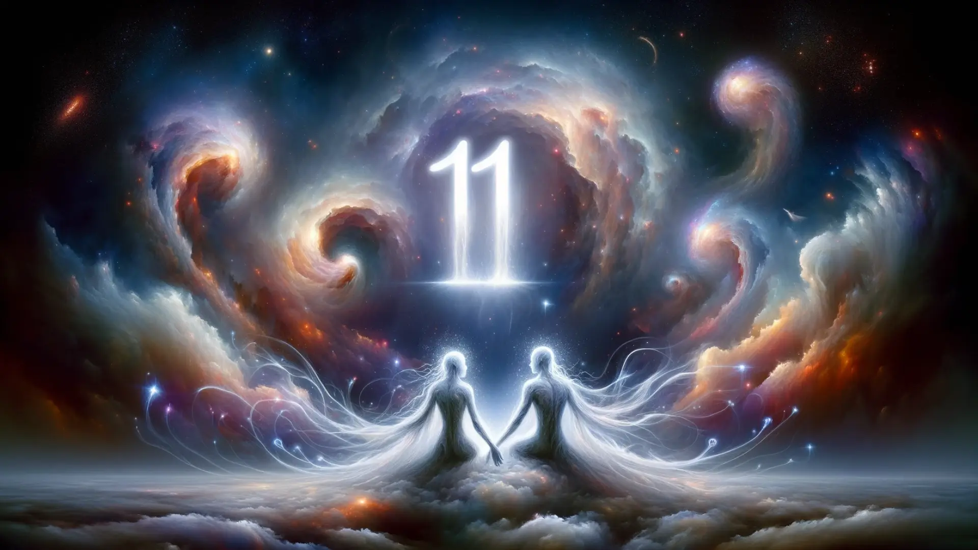 Surreal representation of two ethereal beings with Life Path Number 11