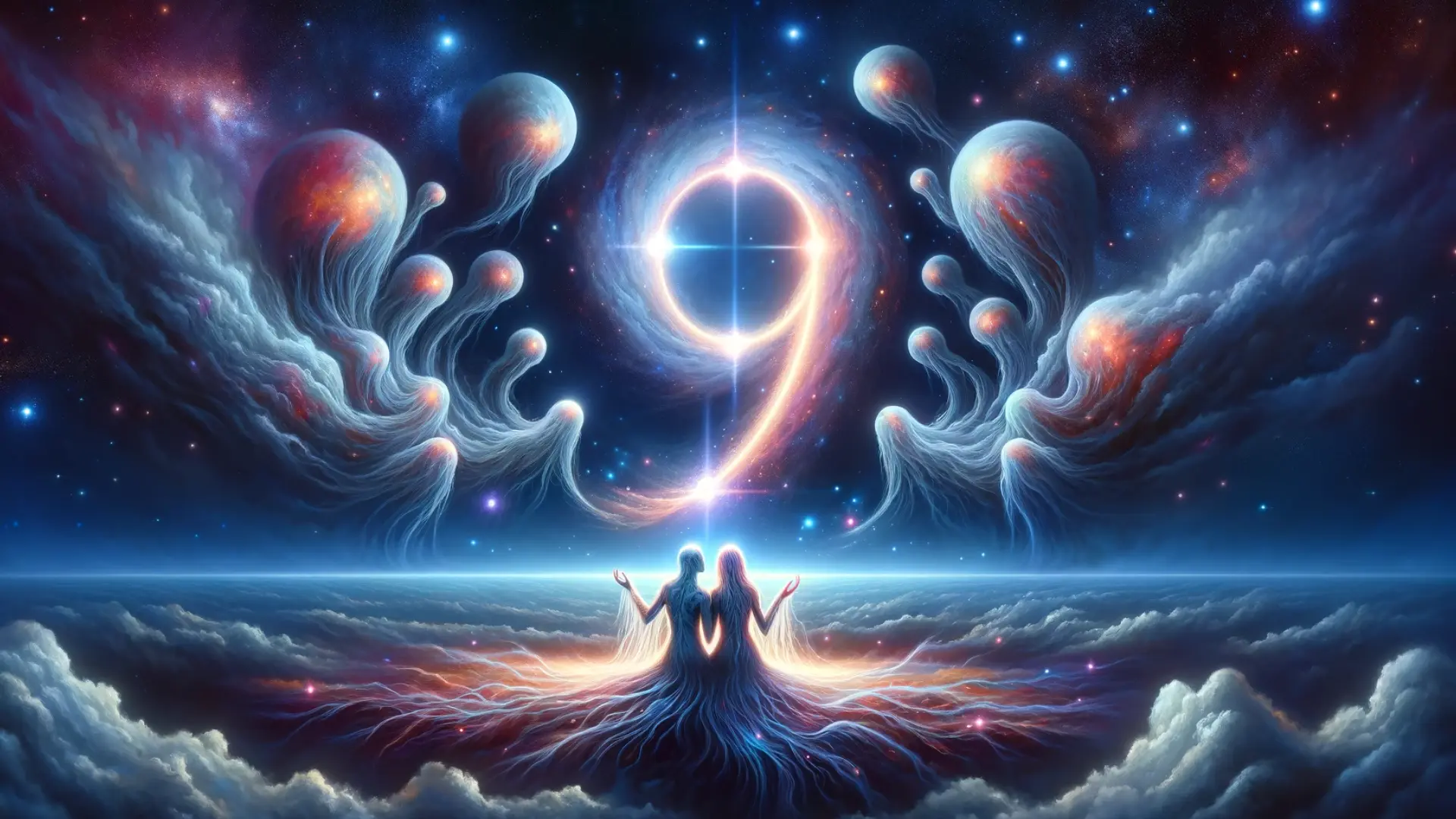 Surreal representation of two ethereal beings with Life Path Number 9