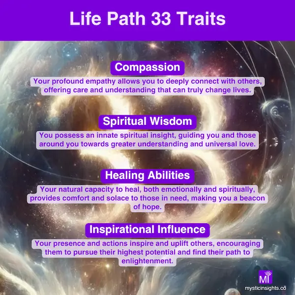 Traits of Life Path 33 - Compassion, Spiritual Wisdom, Healing Abilities, Inspirational Influence